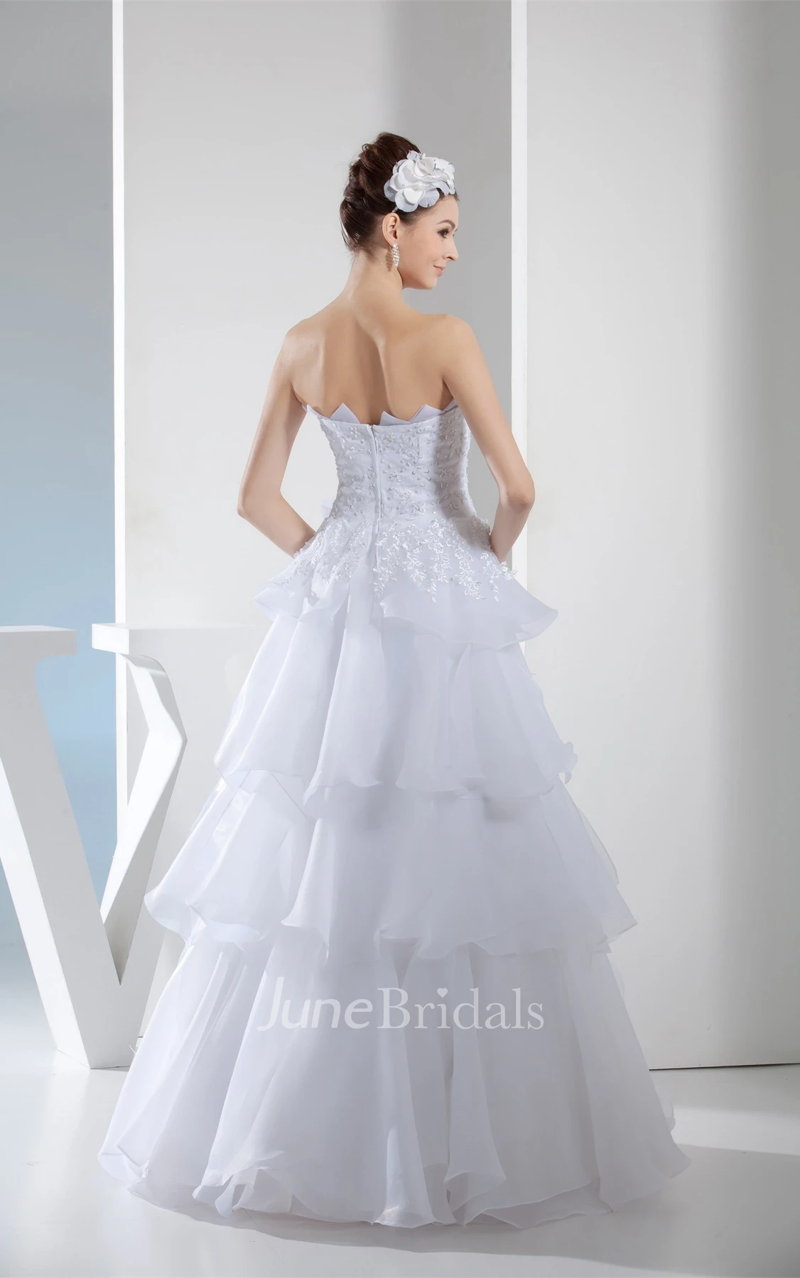 Strapless A-Line Tiered Dress with Appliques and Bow