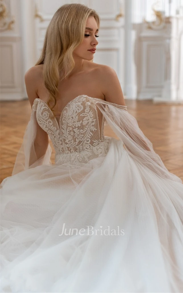 Charming A-Line Plunging Neck Tulle Spring Wedding Dress with Appliques and Train