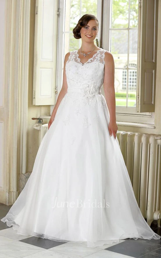 A-Line Long V-Neck Sleeveless Satin Appliques Flower Flower Dress