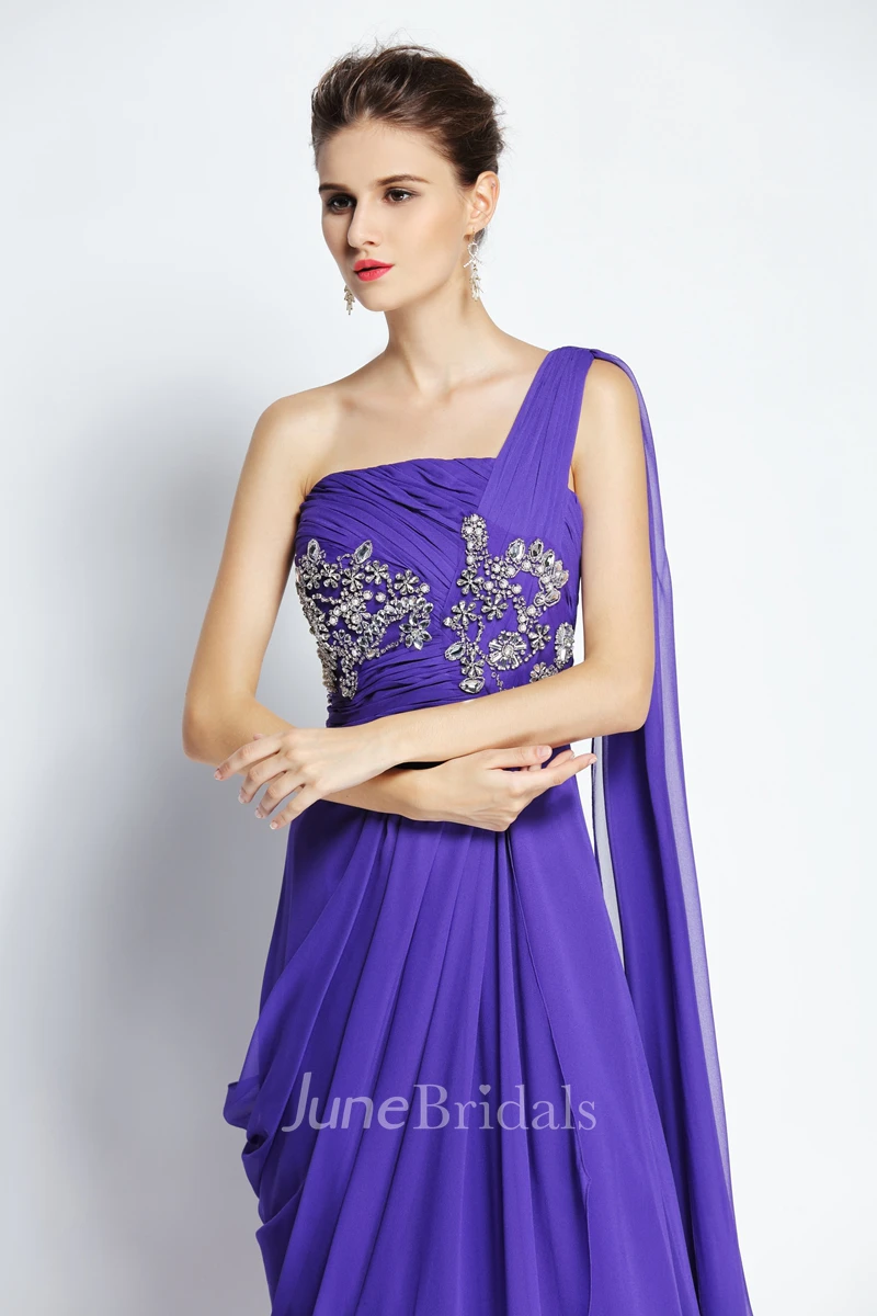 A-Line One-shoulder Sleeveless Floor-length Chiffon Prom Dress with Open Back and Beading