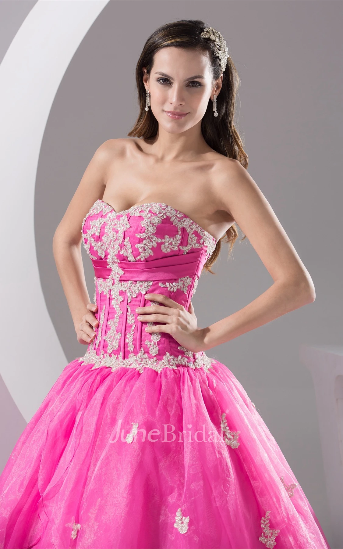 Sweetheart Pleated Ball Gown with Appliques and Ruched Bodice