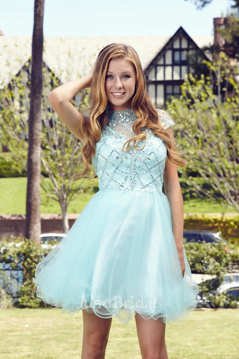 A-Line Short Jewel-Neck Sleeveless Tulle Satin Dress With Beading