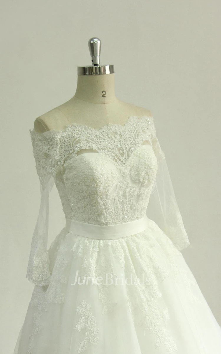 A-Line Off-The-Shoulder Lace Satin Weddig Dress