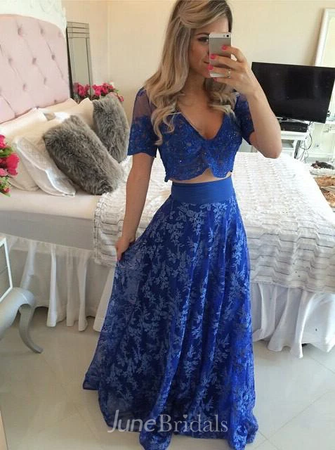 Sexy Two Piece Royal Blue Prom Dress Appliques Short Sleeve