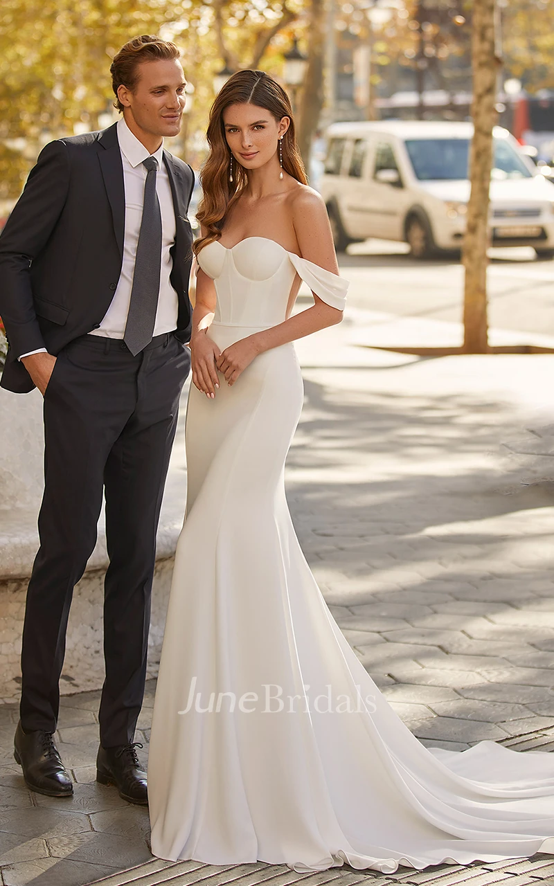 June Bridals Simple Mermaid Off The Shoulder Chiffon Wedding Dress with Open Back and Court Train White Ivory 20W