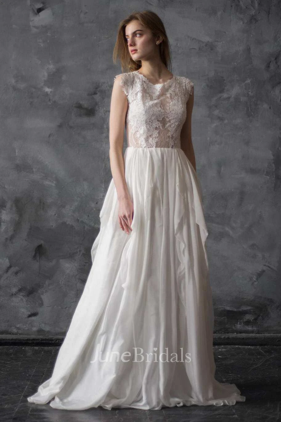 Scoop-Neck Cap-Sleeve A-Line Draped Chiffon Lace Appliqued Dress