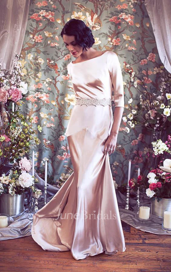 Bateau 3 4 Length Sleeve Deep V Back Satin Wedding Dress With Crystal Detailing