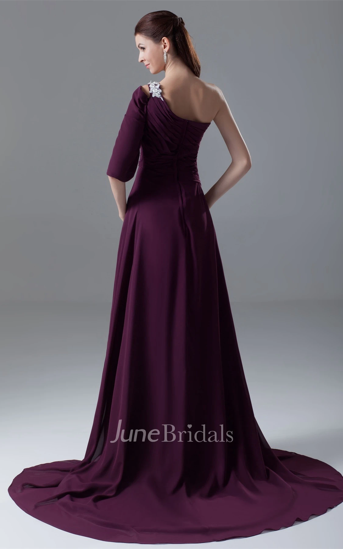 One-Shoulder Chiffon Maxi Dress with Appliques and Sweep Train