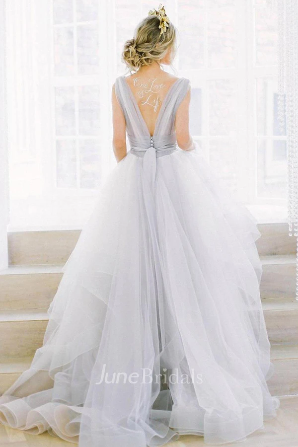 Plunged Tulle A-Line Ball Gown Ruched Dress
