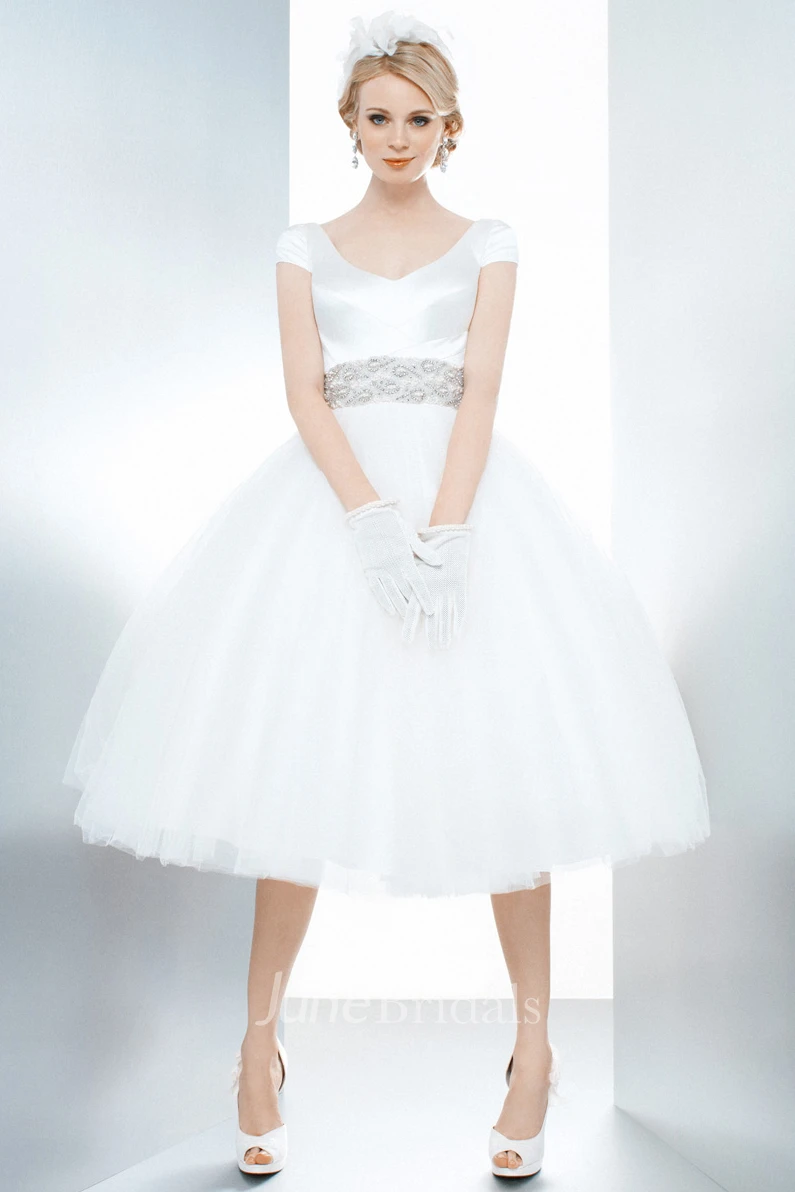 A-Line Tea-Length Cap Sleeve Jeweled V-Neck Tulle Wedding Dress With Bow