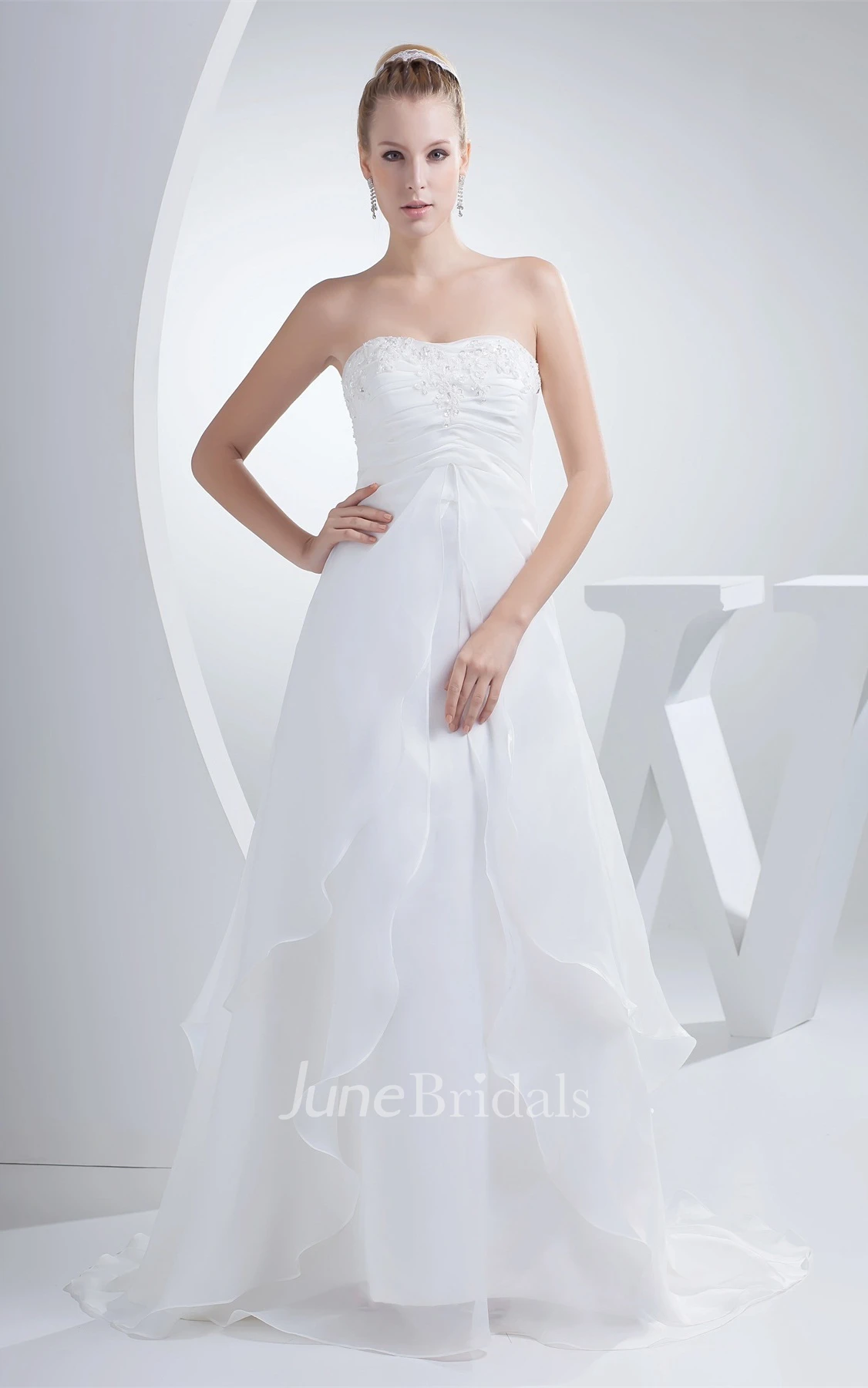 Strapless Ruched Empire A-Line Gown with Appliques