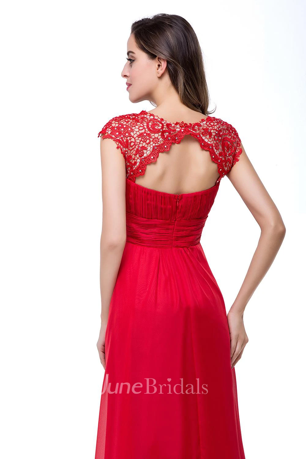 Newest Red Chiffon Lace Prom Dress Zipper Illusion Cap Sleeve