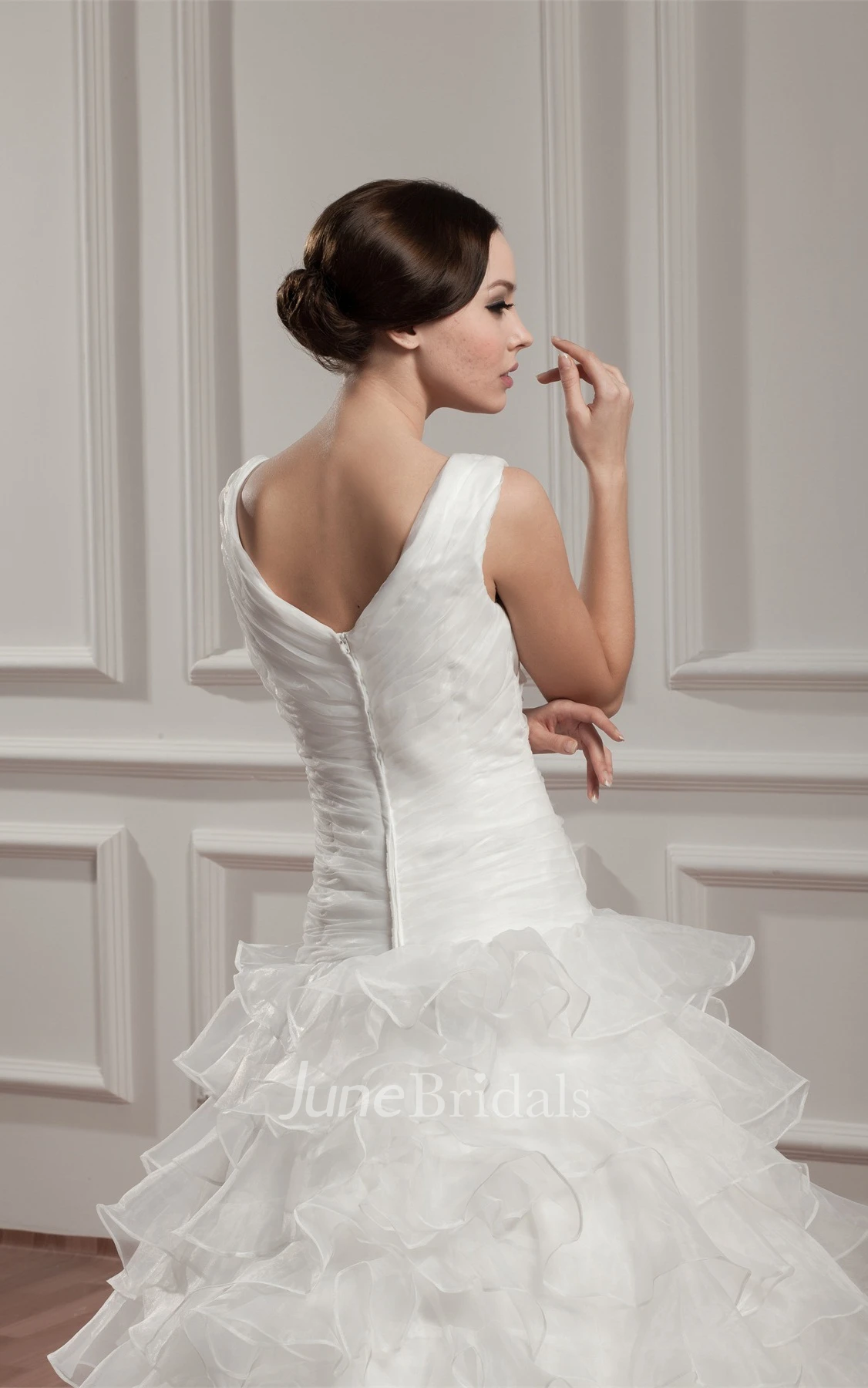 Plunged Sleeveless Ruffled Gown with Tiers and Court Train