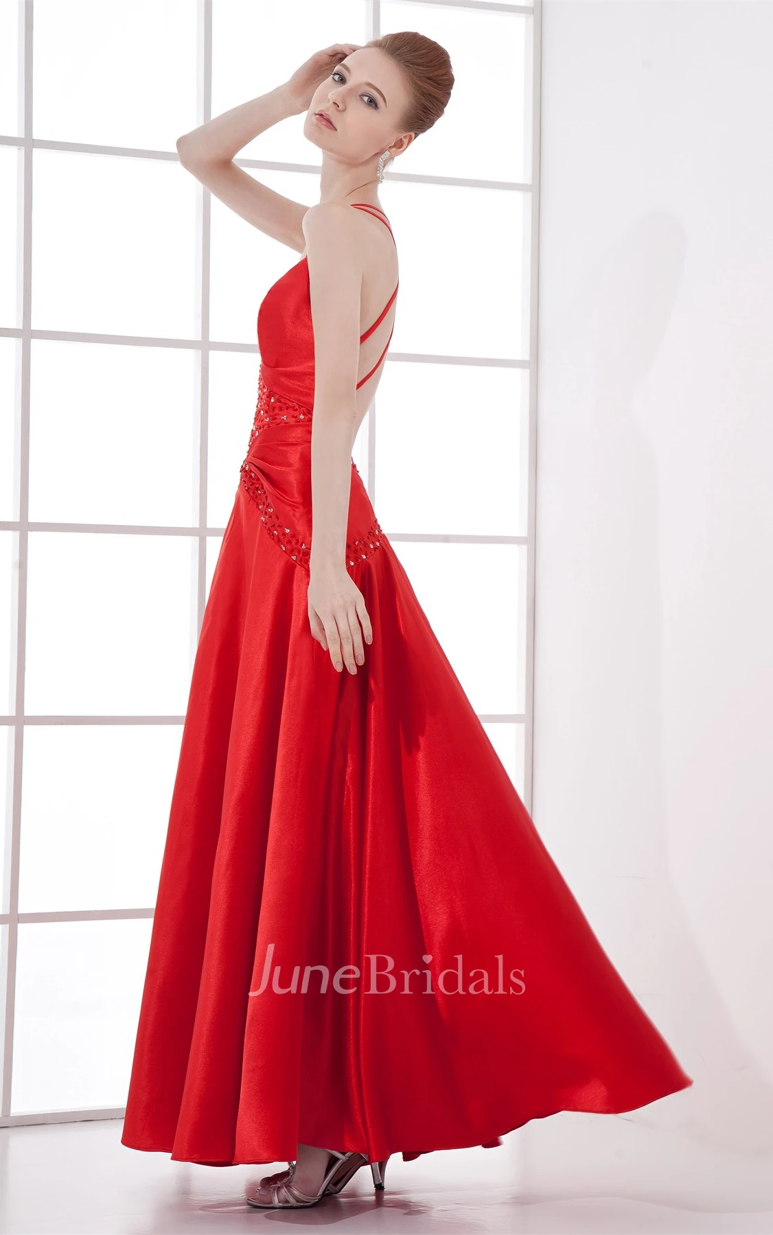 spaghetti-strap satin ankle-length dress with pleats and beading