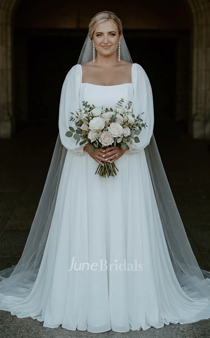 Simple Modest Plus Size Long Sleeve Spring Wedding Dress Casual Flattering A-Line Chiffon Bridal Gown