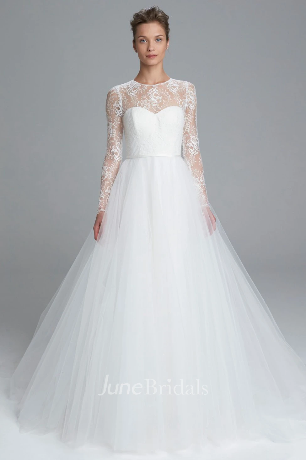 Ball Gown Long-Sleeve High Neck Tulle Wedding Dress With Lace And Illusion