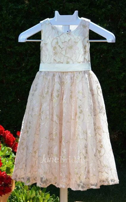 Sleeveless Jewel Neck Lace Dress With Bow&Flower