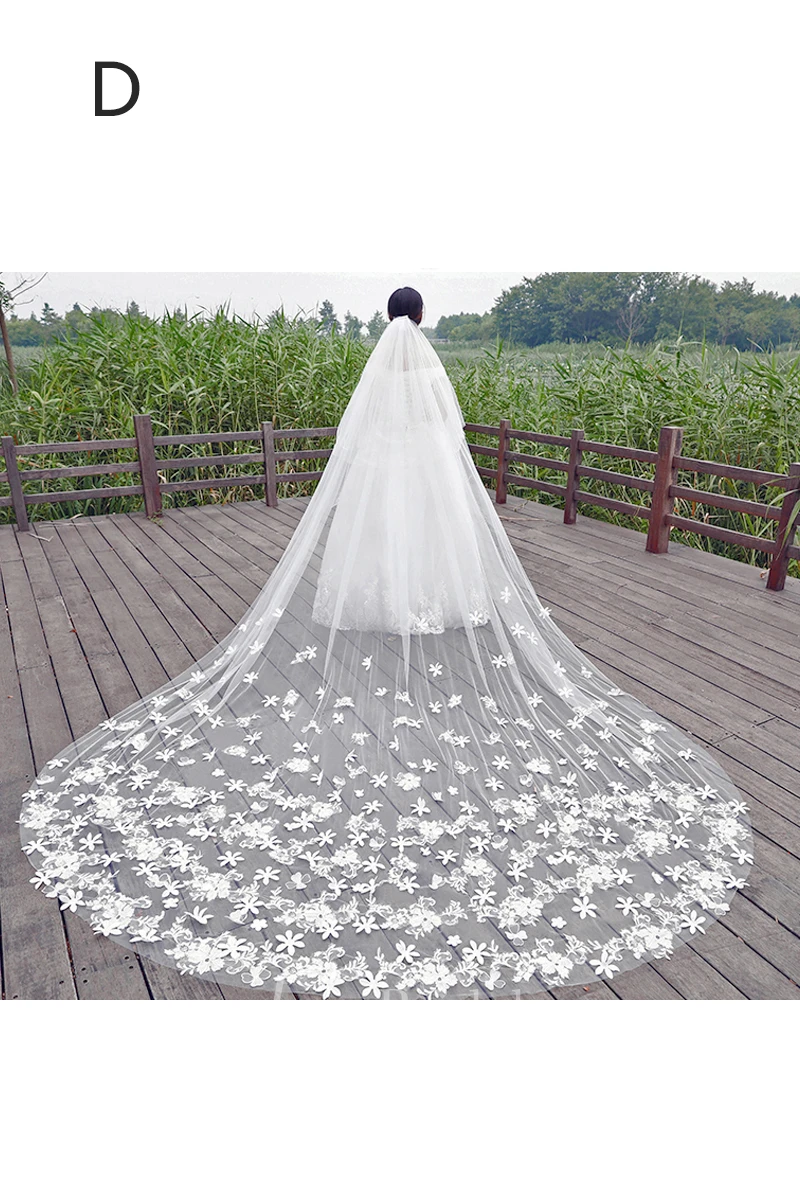 New Korean Ethereal Extra Long Tailed Wedding Veil with Lace Appliques