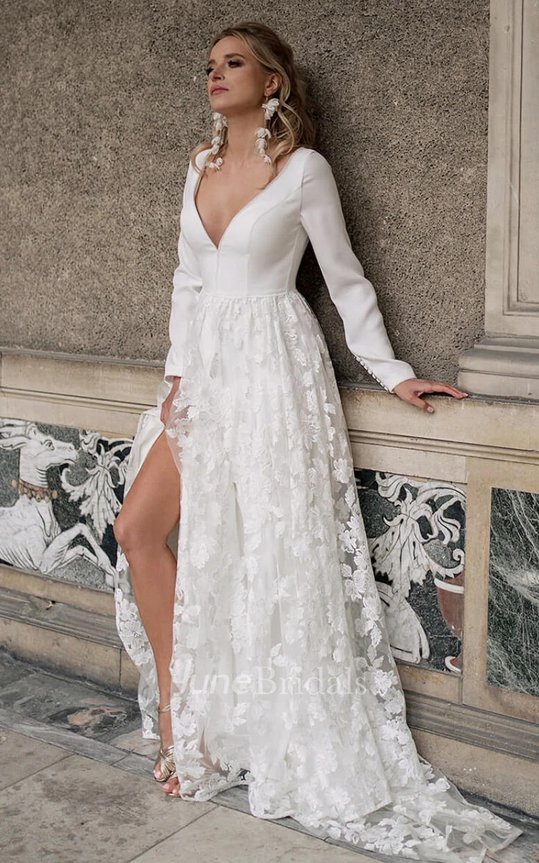Simple A-Line V-neck Lace Beach Warm Wedding Dress With Deep-V Back And Appliques