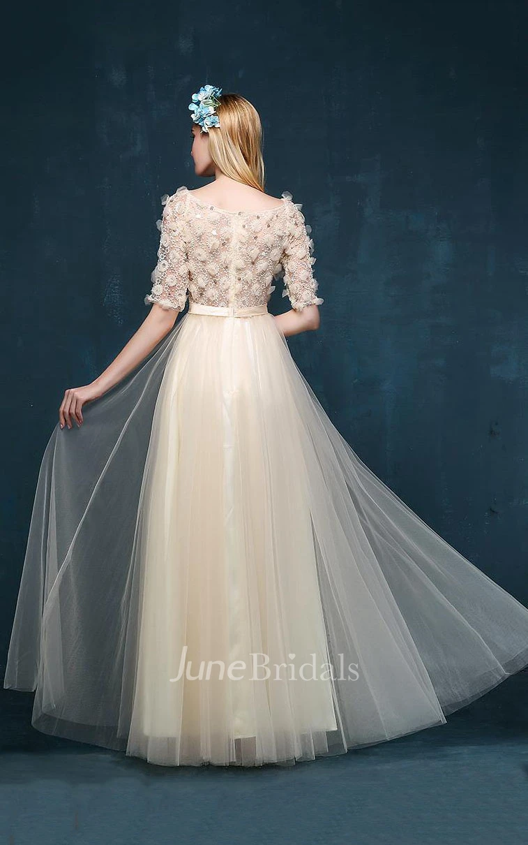 Floor-length Bell Illusion Tulle Satin Pleats Bow Dress