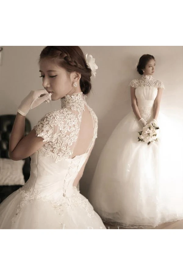 Elegant Tulle Lace Appliques Wedding Dress High Neck Ball Gown