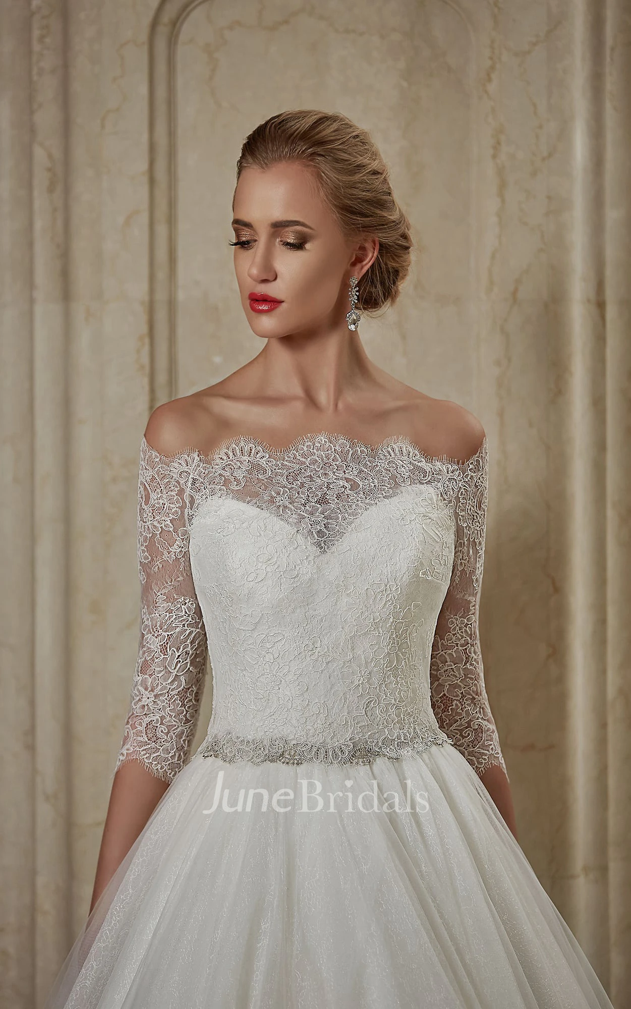 A-line Off-the-shoulder Sweetheart V Back Lace Dress With Crystal Detailing 