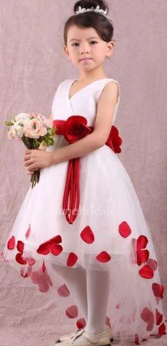 Lovely White and Red Hi-Lo Flower Girl Dress Waistband Flowers
