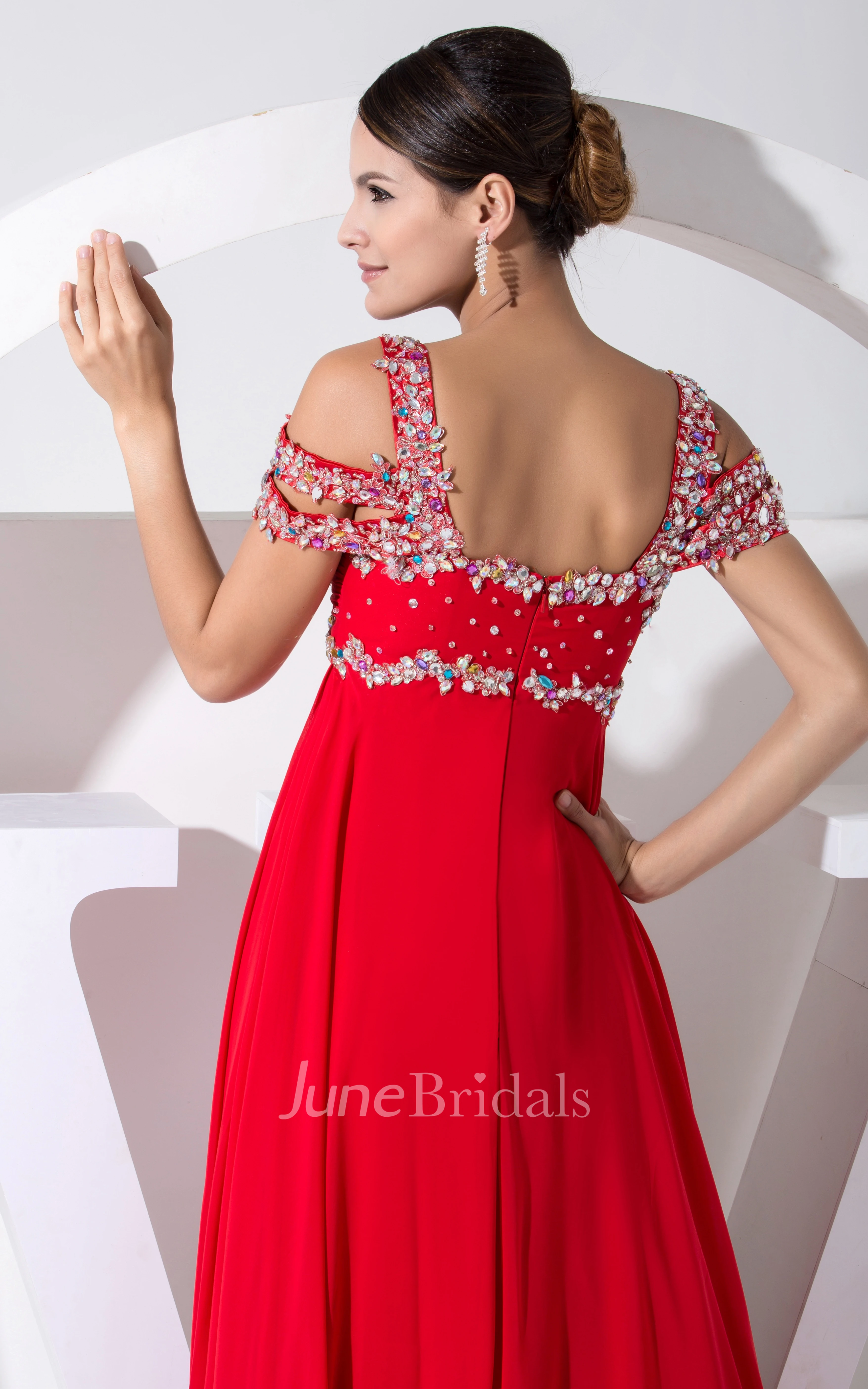 Sleeveless Empire Chiffon Long Dress With Colorful Beading