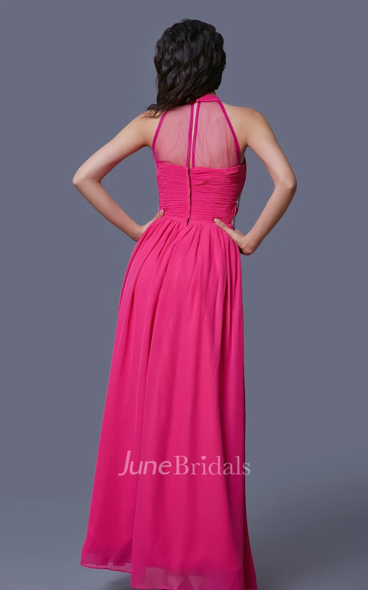 Sleeveless Chiffon A-Line Dress With Beaded Appliques and Illusion Back