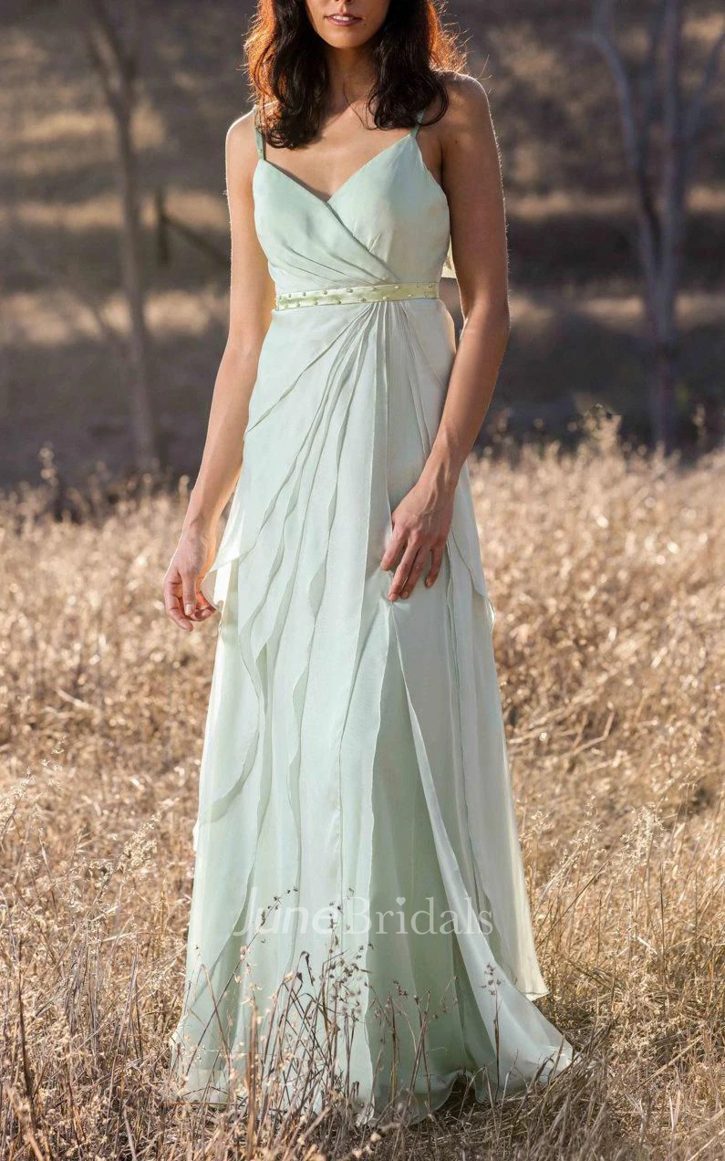 Spaghetti Straps V Neck Empire Layered A-line Chiffon Long Dress