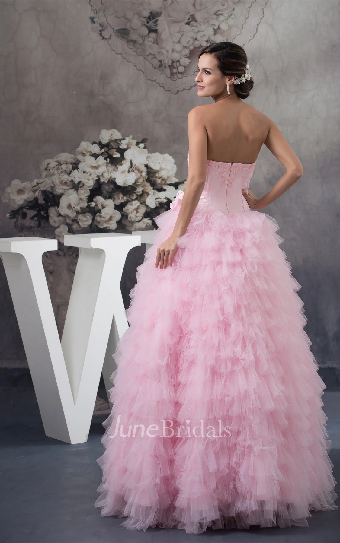 Strapless Ruffled Ball Gown with Appliques and Bolero