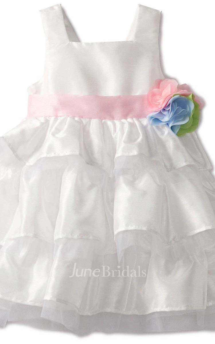 Sleeveless Square-neck A-line Tiered Dress With Belt