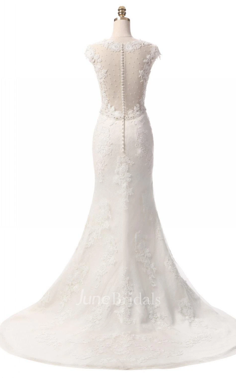 Trumpet Cap Sleeve Tulle Lace Dress With Beading Illusion Button