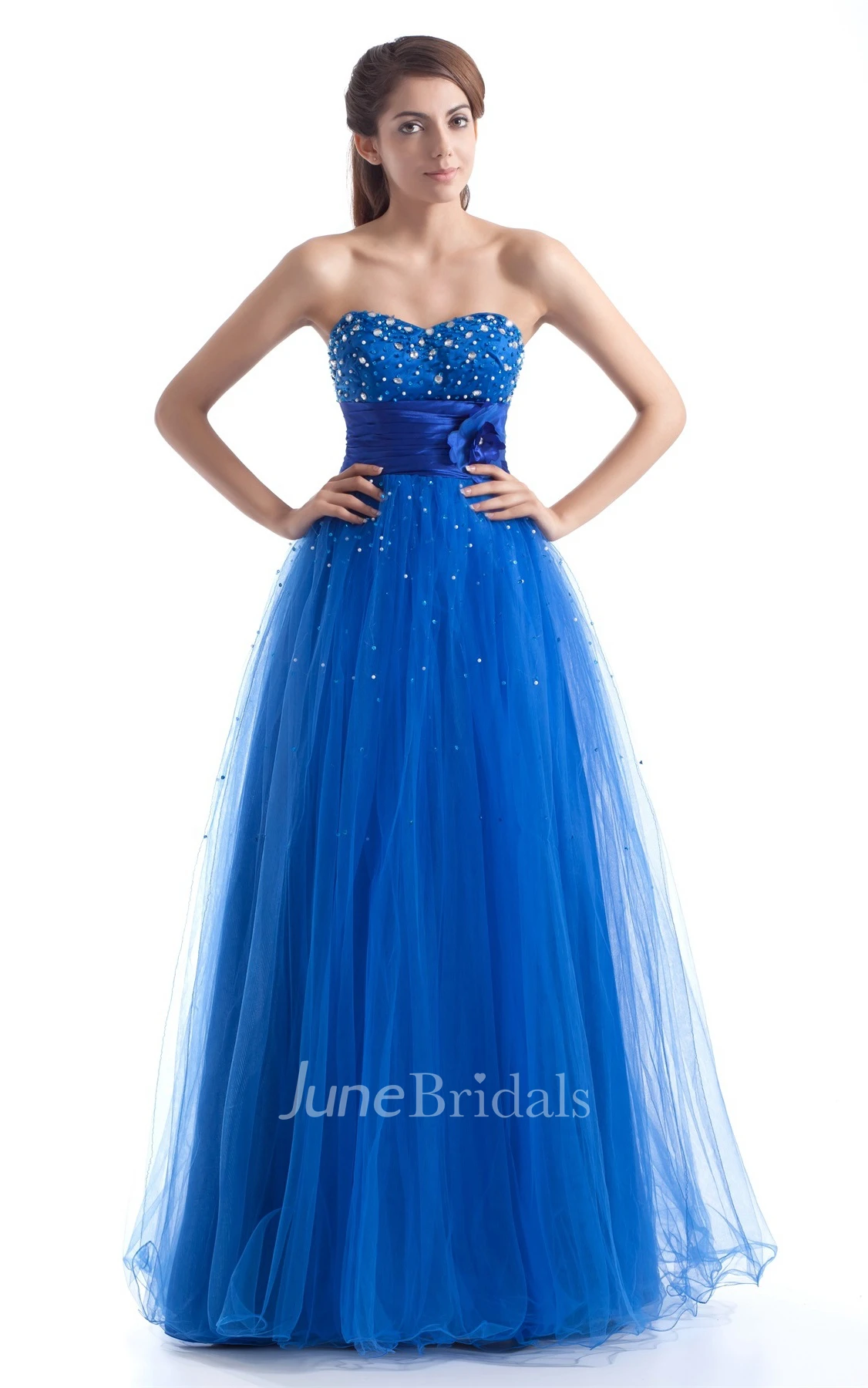 sweetheart a-line tulle dress with floral waist and beading