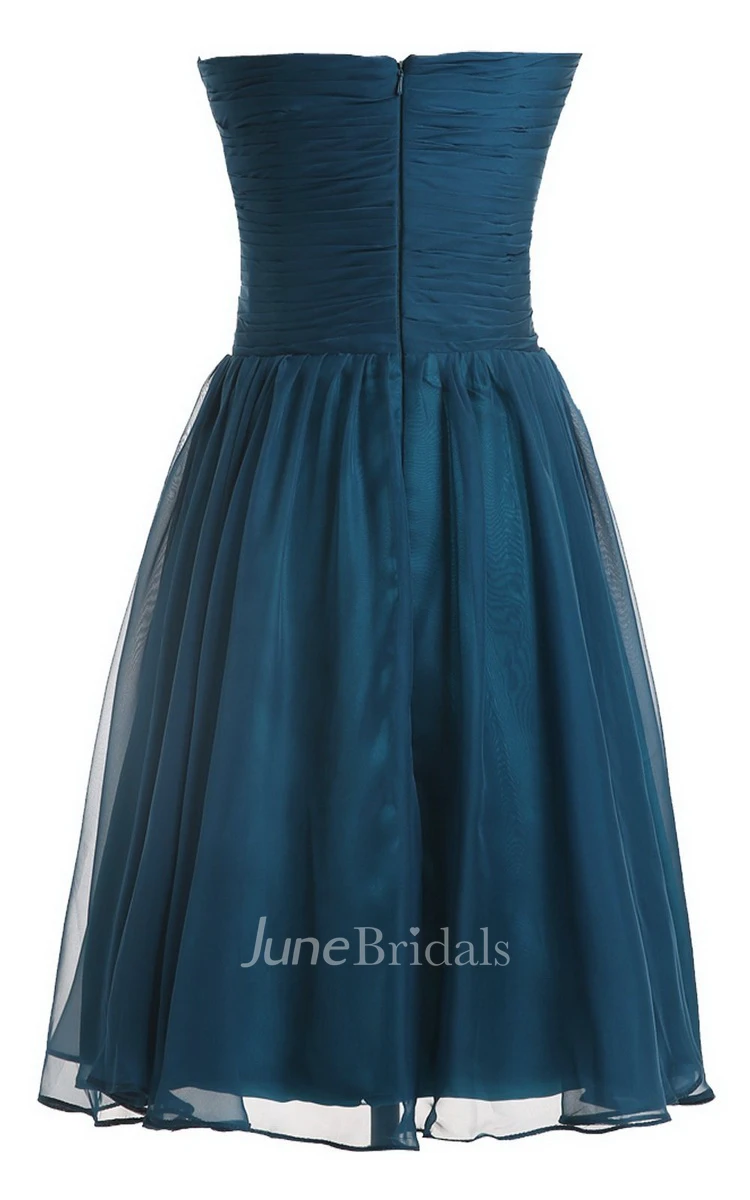 Strapless Pleat and Ruched A-line Dress With Leaf Print