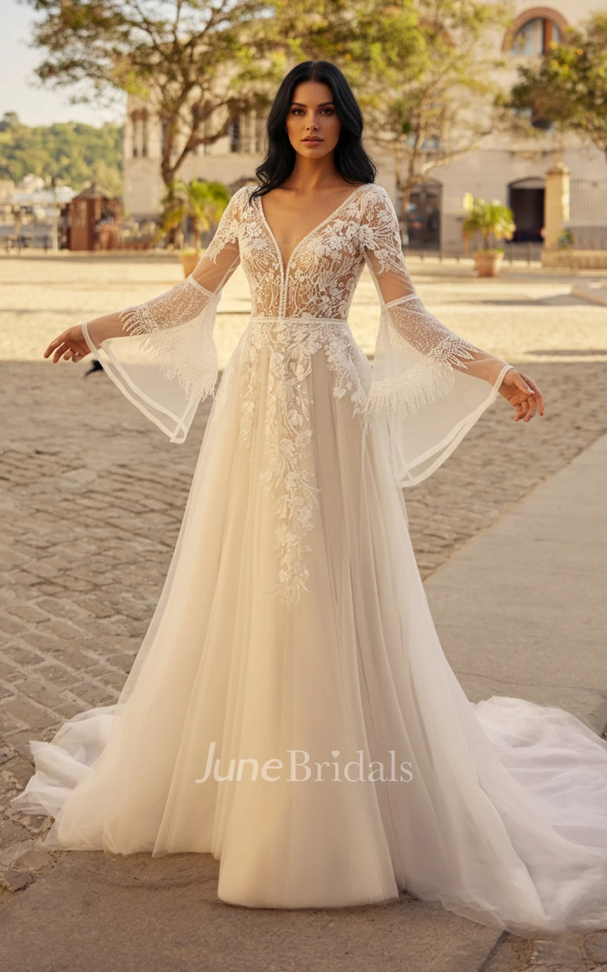Bohemian Lace A-Line V-Neck Wedding Dress Vintage Bell Sleeves Deep V Back Tulle Bridal Gown for Garden Ceremony