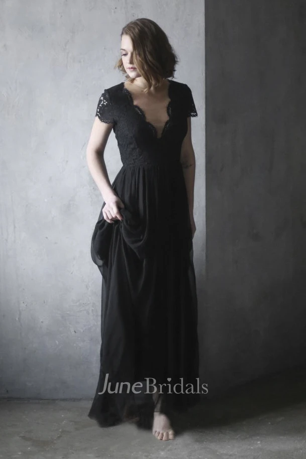 Black Scalloped V-neck Chiffon Wedding Dress With Lace Appliques Short Sleeve And Illusion Back