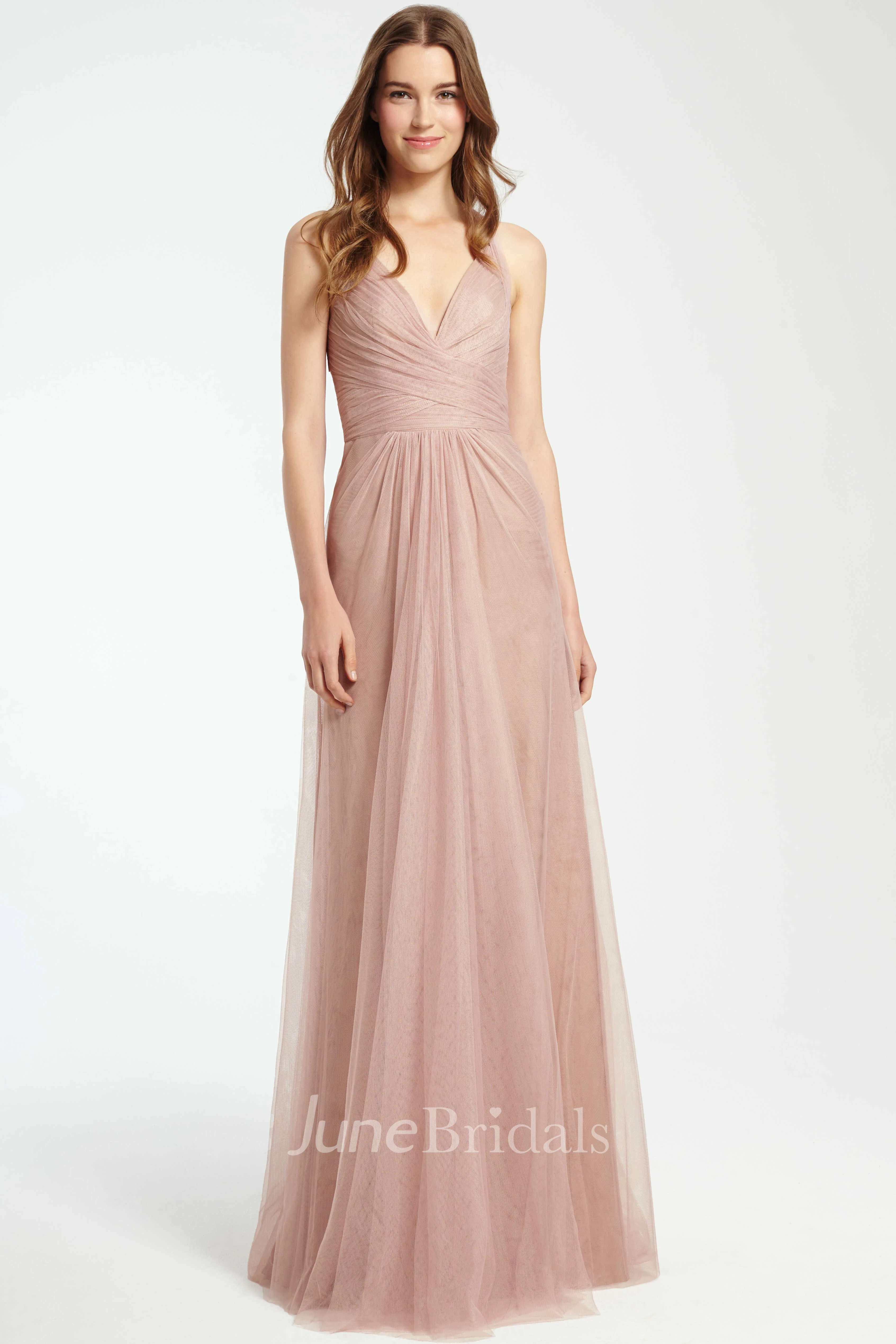 Sleeveless V-Neck Maxi Tulle Bridesmaid Dress With Criss Cross