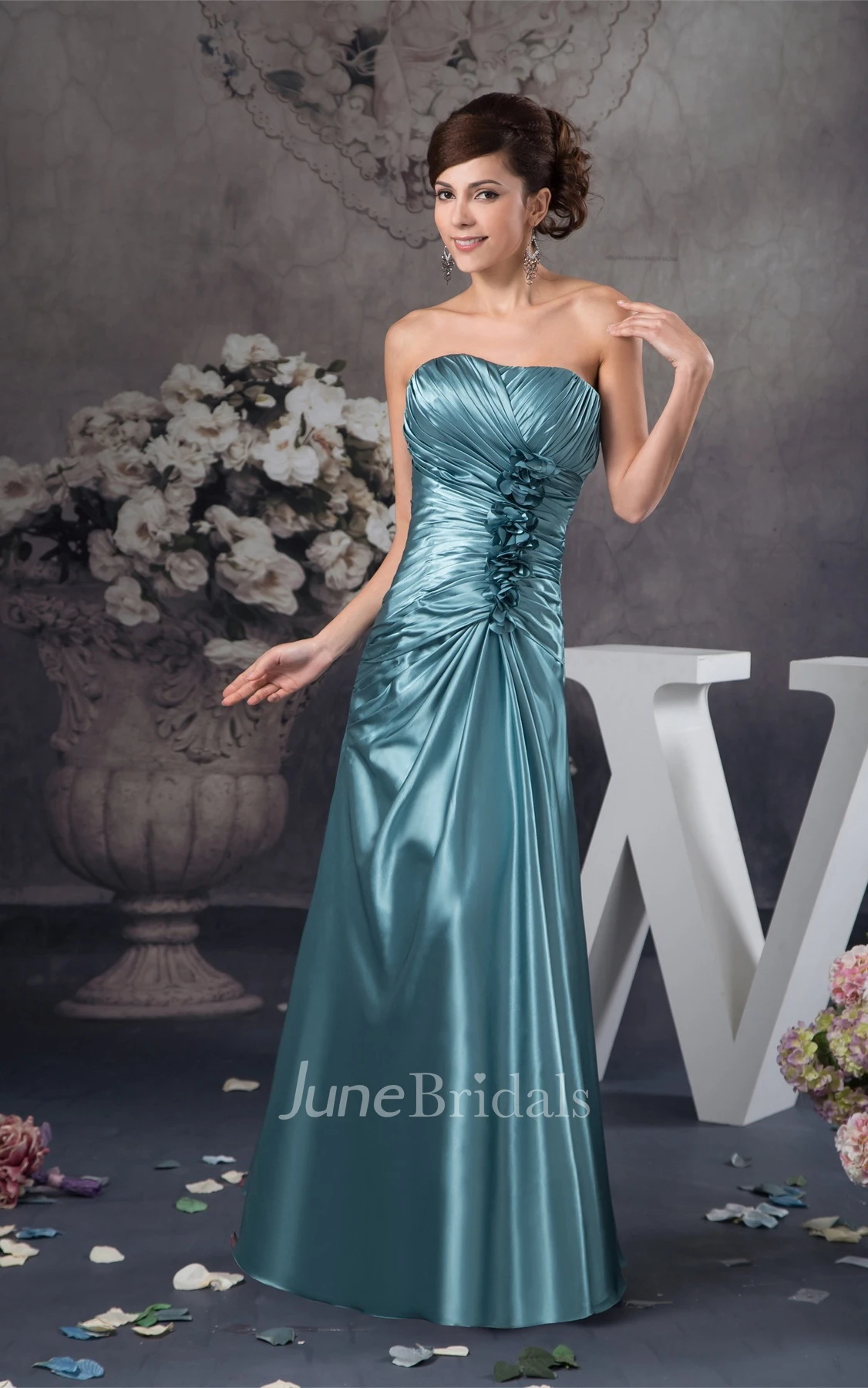 Strapless Criss-Cross Floor-Length Gown with Flower