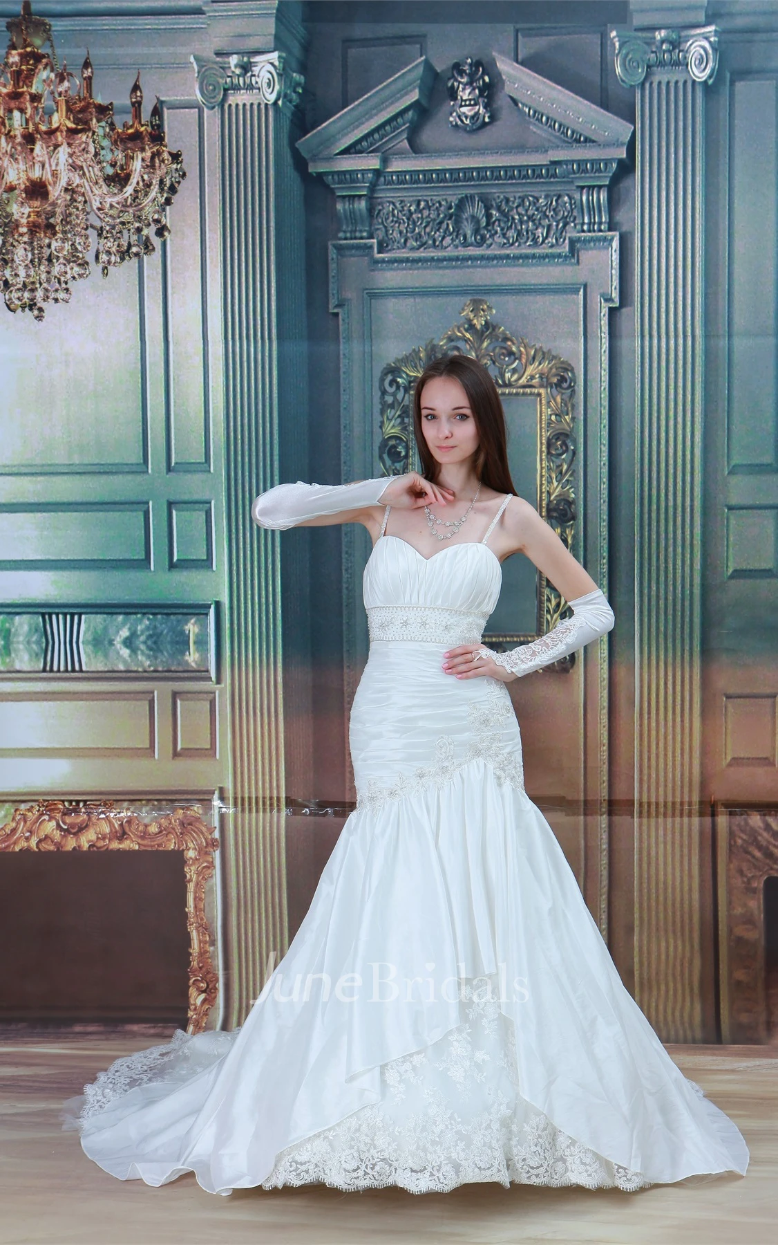 Spaghetti-Strap Mermaid A-Line Gown with Lace and Stress