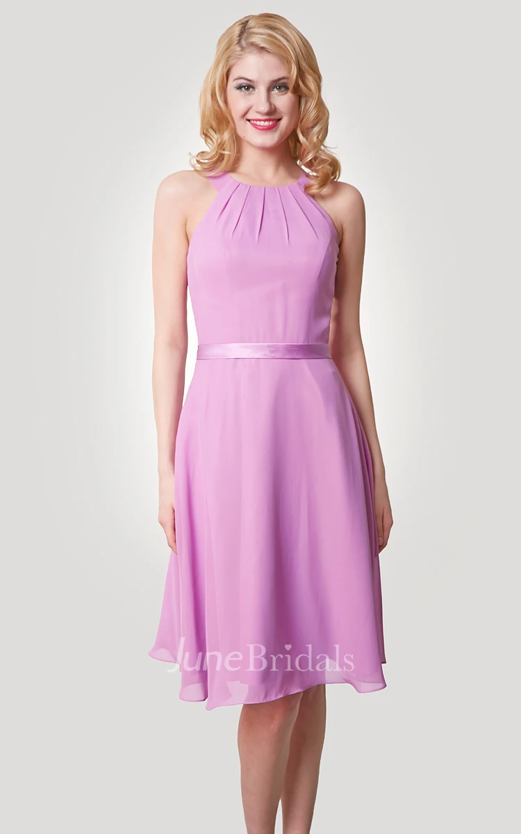 Chiffon Knee Length A-Line Dress With Straps and Satin Bow Sash