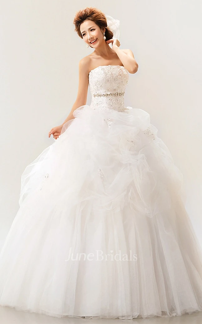 Intricate Strapless Ruffled Ball Gown With Crystal Detailing