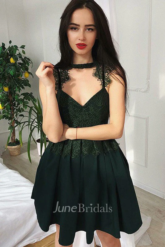 A-line High Neck V-neck Sleeveless Lace Pleats Ruching Short Mini Chiffon Lace Homecoming Dress