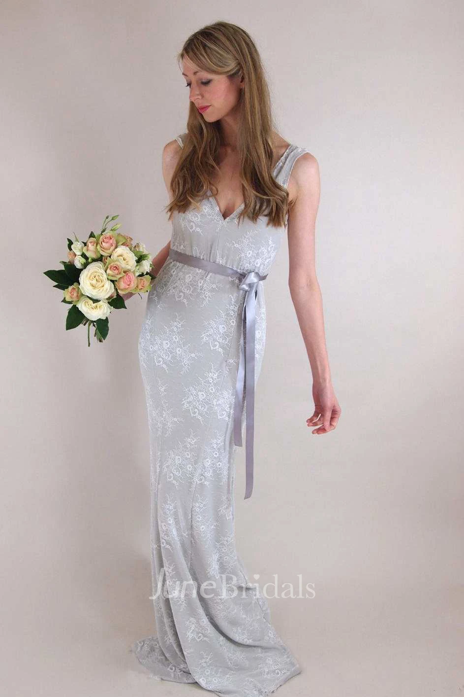 Sheath Plunged Sleeveless Empire Lace Dress With Bow