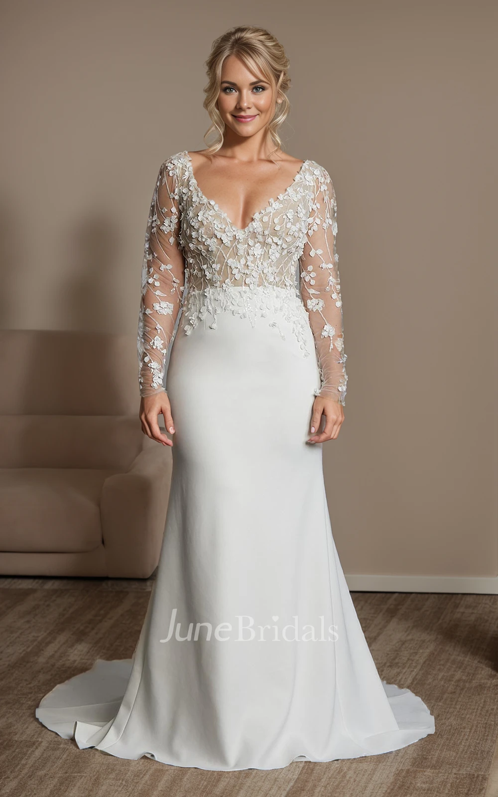 Vintage Floral Sheath Sheer Long Sleeve Boho Lace Winter Wedding Dress Country Elegant Plus Size 3D Appliques V-Neck Low-V Satin Back Bridal Gown