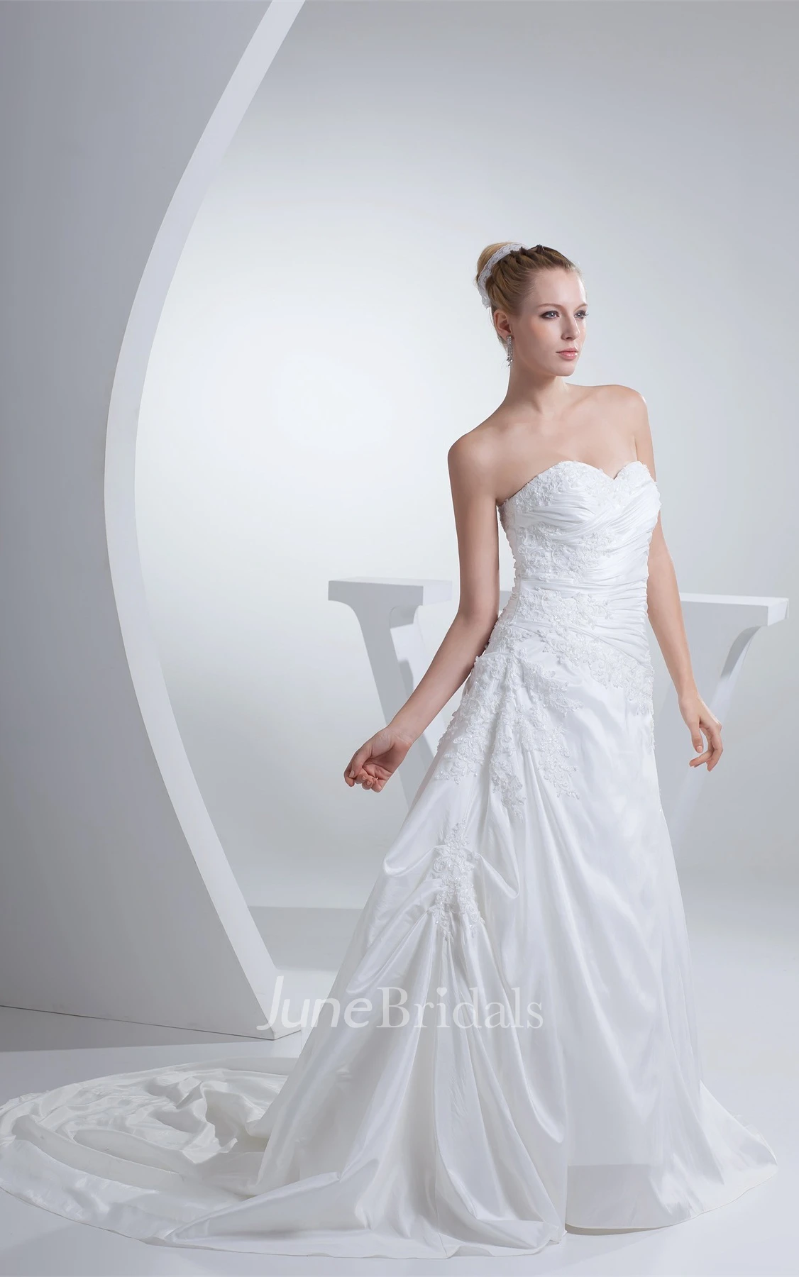Sweetheart A-Line Ruched Gown with Appliques and Corset Back