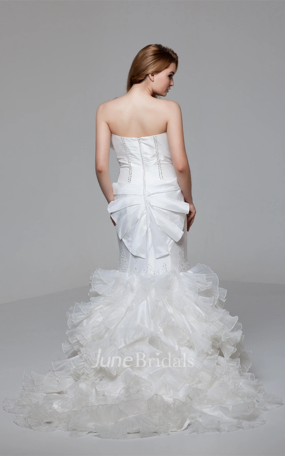 Strapless Mermaid Beaded Gown with Tiers and Ruffles