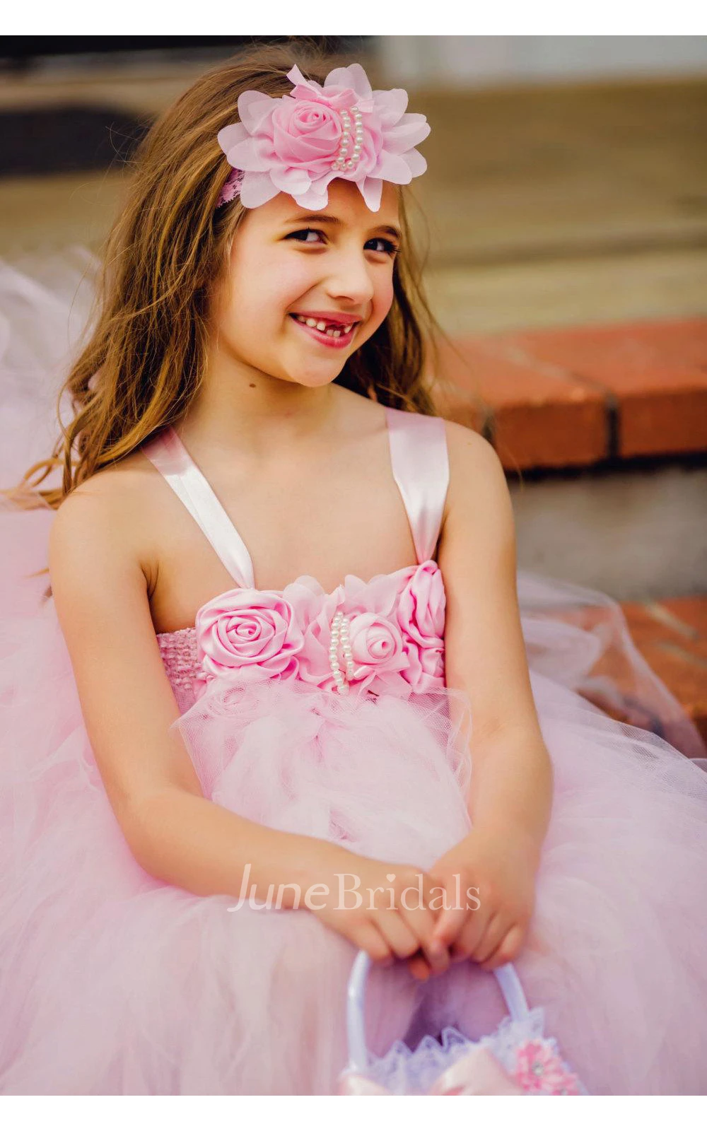 Light Pink Sleeveless Flower Bodice Tulle Flower Girl Dress