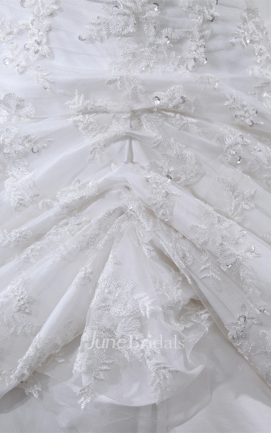 Strapless Appliqued Ball Gown with Ruching and Side Draping