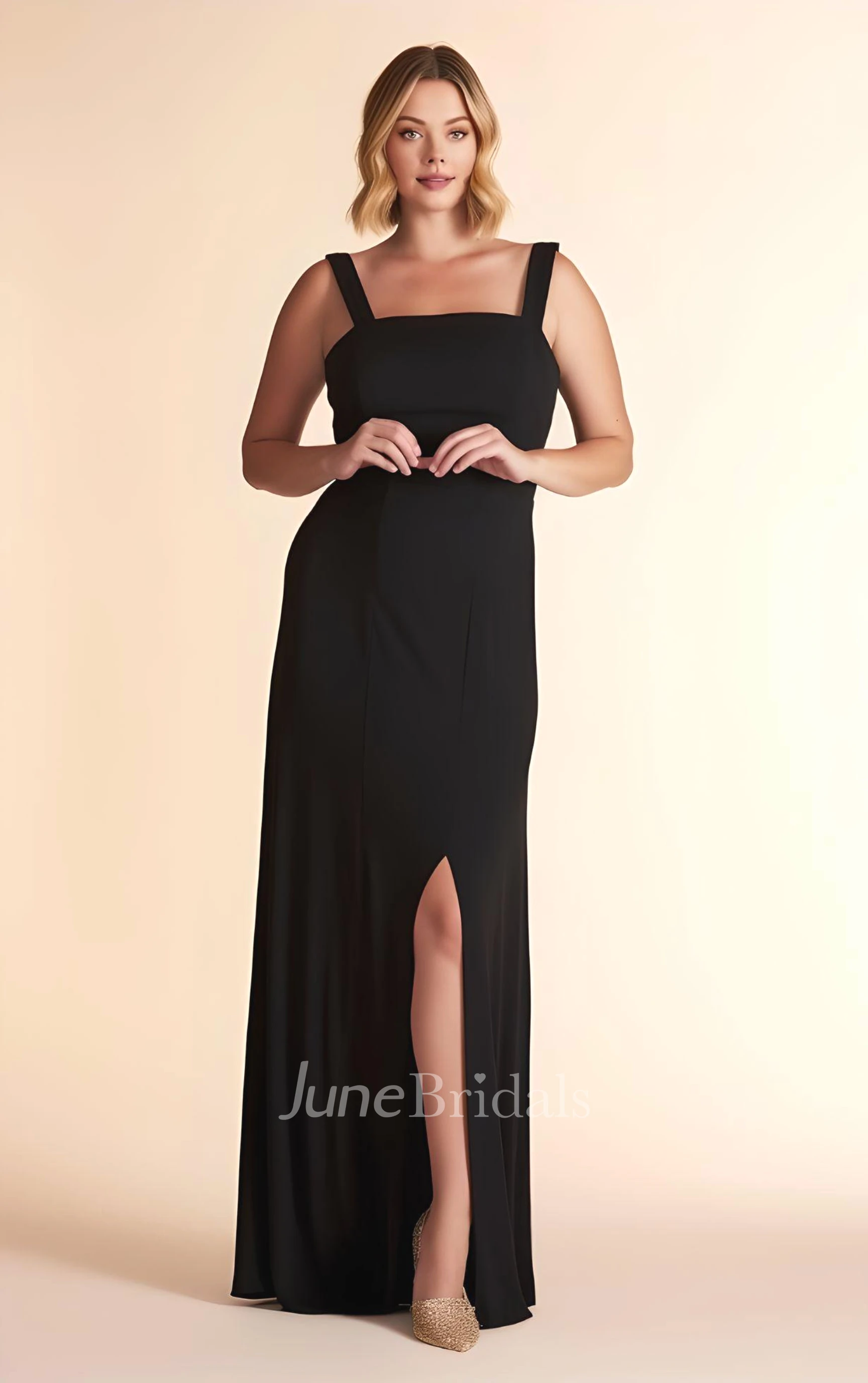 2026 Plus Size Sheath Chiffon Sleeveless Bridesmaid Dress with Split Front Square Neck Simple Casual Modest Elegant